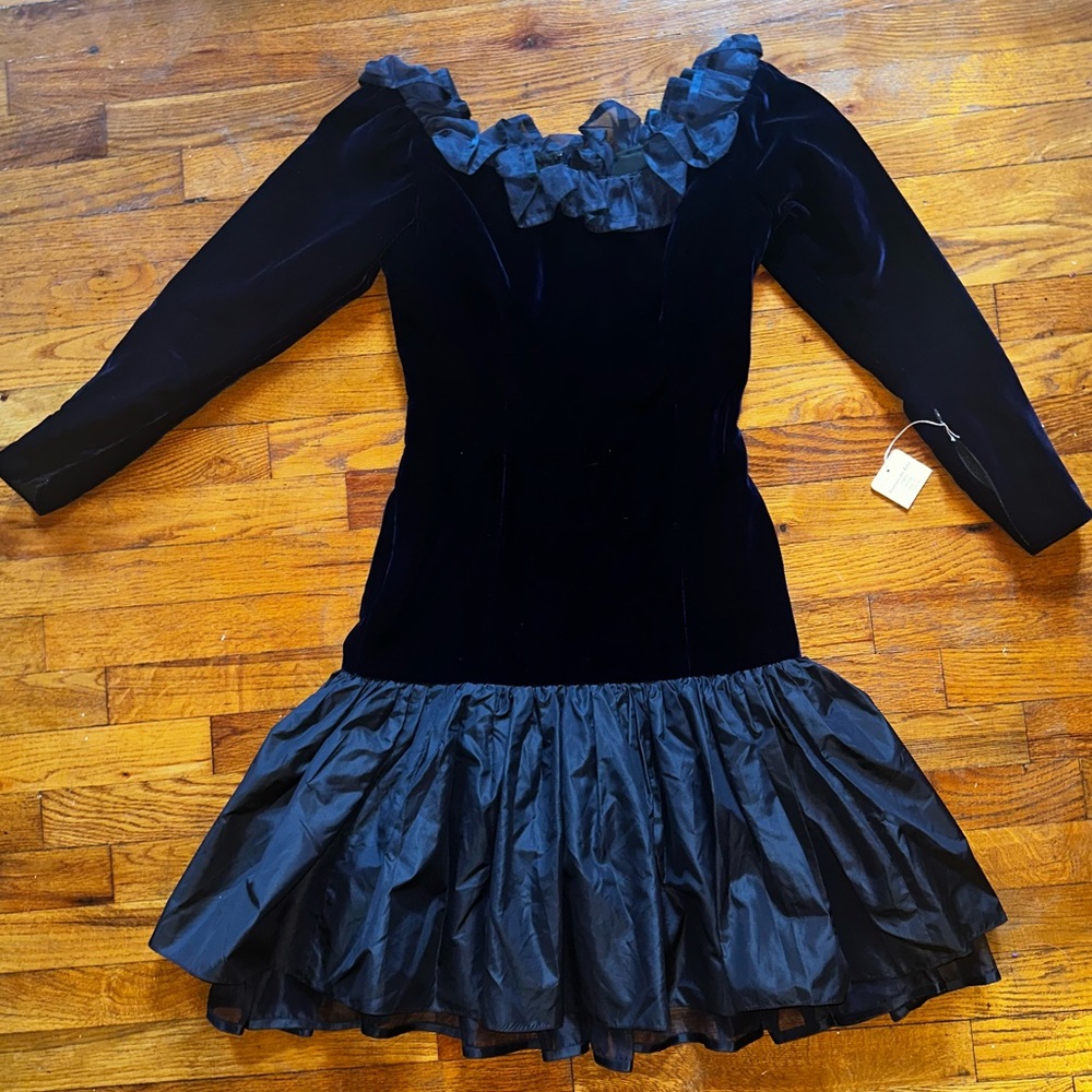 80s blue boatneck silk and velvet dress with drop waist ruffles
